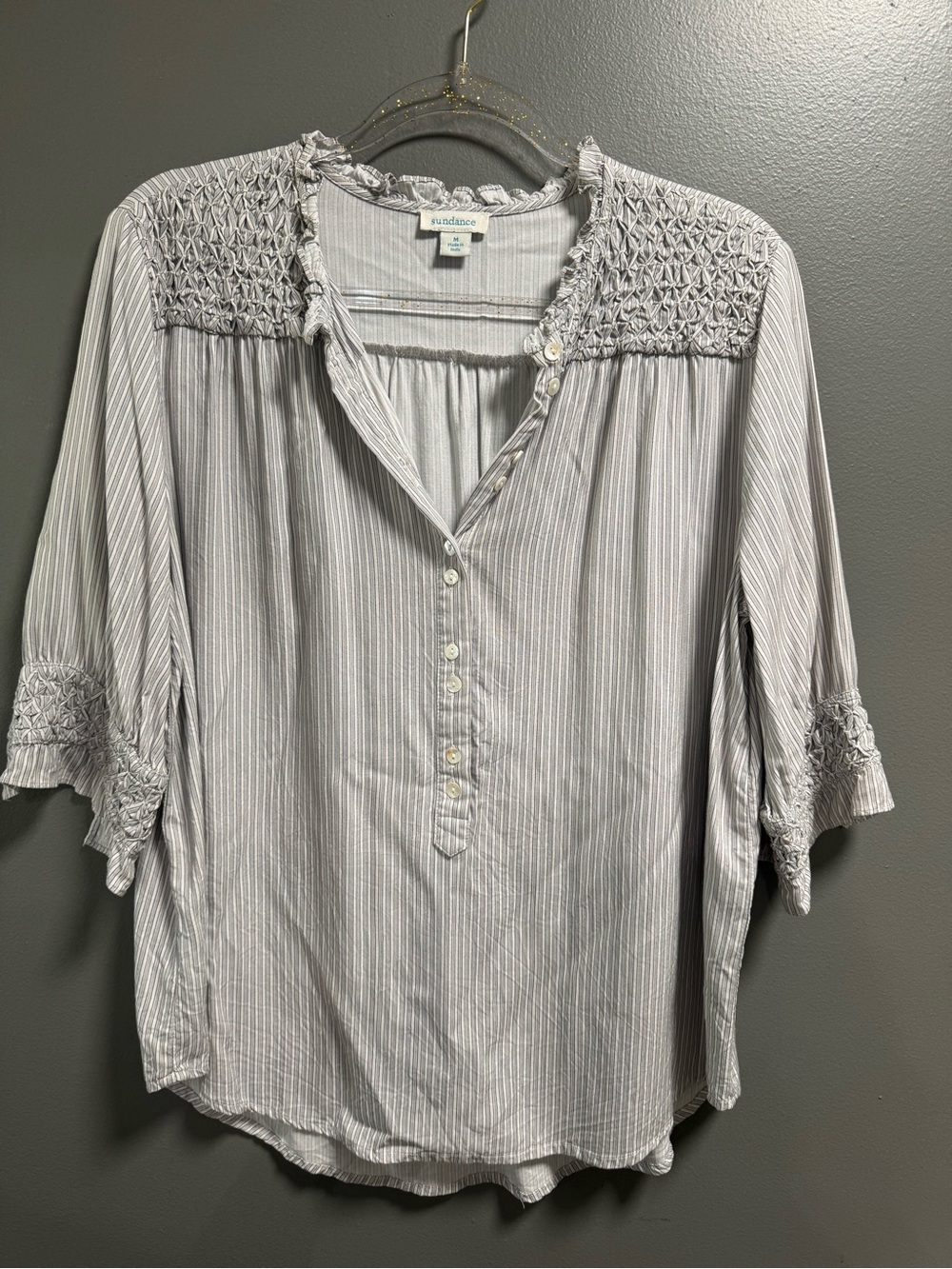 Sundance Light Grayish Blue Pinstripe Smocked Yoke Button-Front Blouse M